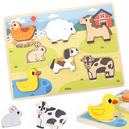  Drewniane Puzzle Układanka Montessori 2w1 Figurki Farma VIGA TOYS